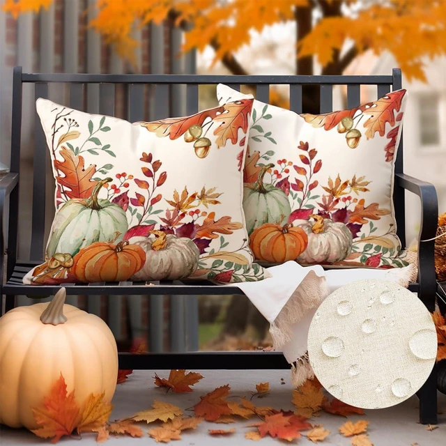 Alt view image 4 of 6 - Fall Outdoor Pillow Covers 18x18 Set of 2 Waterproof Pumpkin Decor