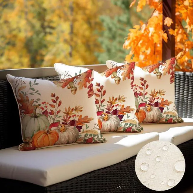 Alt view image 2 of 6 - Fall Outdoor Pillow Covers 18x18 Set of 2 Waterproof Pumpkin Decor