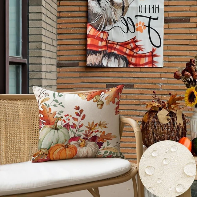 Alt view image 5 of 6 - Fall Outdoor Pillow Covers 18x18 Set of 2 Waterproof Pumpkin Decor