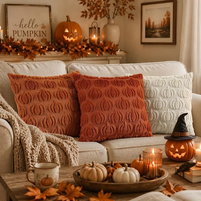 Alt view image 3 of 7 - Fall Rust Pumpkin Throw Pillow Covers 18x18 Set of 2