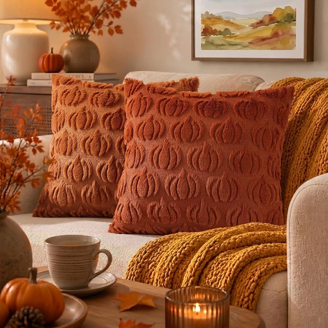 Alt view image 4 of 7 - Fall Rust Pumpkin Throw Pillow Covers 18x18 Set of 2
