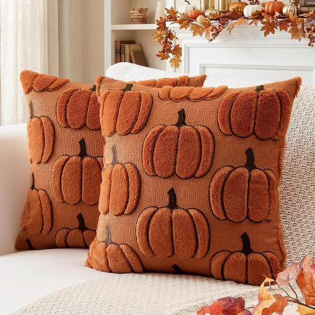 Main image of Fall Pumpkin Throw Pillow Covers 18x18 Set of 2, Autumn Soft Plush Faux Fur Decoration Cushion Covers for Thanksgiving & Halloween Couch Sofa Bedroom Home Decor-Rust