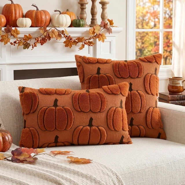 Alt view image 3 of 7 - Fall Pumpkin Throw Pillow Covers 18x18 Set of 2, Autumn Soft Plush Faux Fur Decoration Cushion Covers for Thanksgiving & Halloween Couch Sofa Bedroom Home Decor-Rust