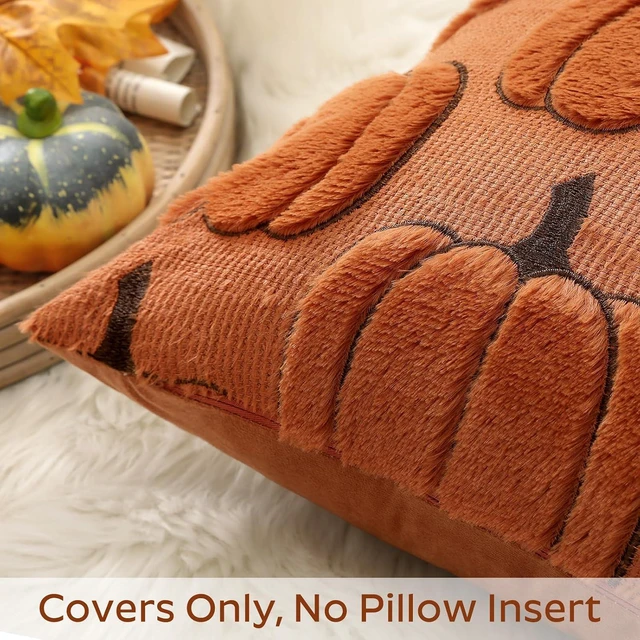 Alt view image 2 of 7 - Fall Pumpkin Throw Pillow Covers 18x18 Set of 2, Autumn Soft Plush Faux Fur Decoration Cushion Covers for Thanksgiving & Halloween Couch Sofa Bedroom Home Decor-Rust
