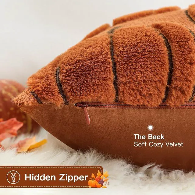 Alt view image 4 of 7 - Fall Pumpkin Throw Pillow Covers 18x18 Set of 2, Autumn Soft Plush Faux Fur Decoration Cushion Covers for Thanksgiving & Halloween Couch Sofa Bedroom Home Decor-Rust