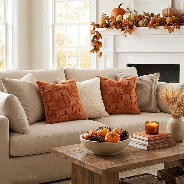 Alt view image 5 of 7 - Fall Pumpkin Throw Pillow Covers 18x18 Set of 2, Autumn Soft Plush Faux Fur Decoration Cushion Covers for Thanksgiving & Halloween Couch Sofa Bedroom Home Decor-Rust