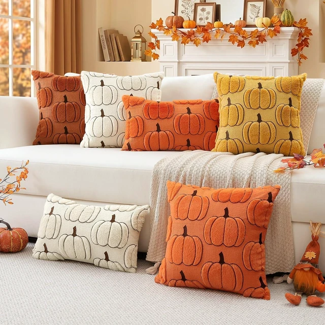 Alt view image 7 of 7 - Fall Pumpkin Throw Pillow Covers 18x18 Set of 2, Autumn Soft Plush Faux Fur Decoration Cushion Covers for Thanksgiving & Halloween Couch Sofa Bedroom Home Decor-Rust