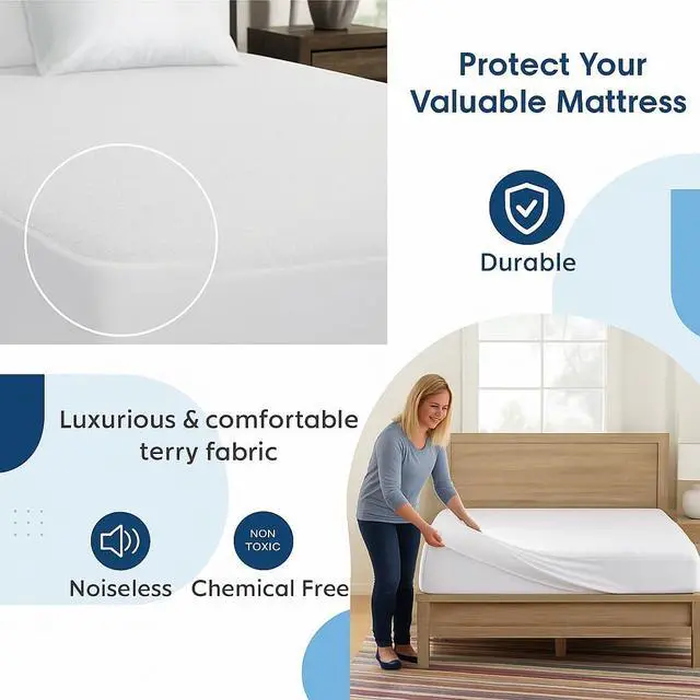 Alt view image 5 of 7 - 100% Waterproof Crib Size Mattress Protector, Premium Fitted Cotton Terry Cover with Stretchable Deep Pockets, Machine Washable White Mattress Cover for Bed