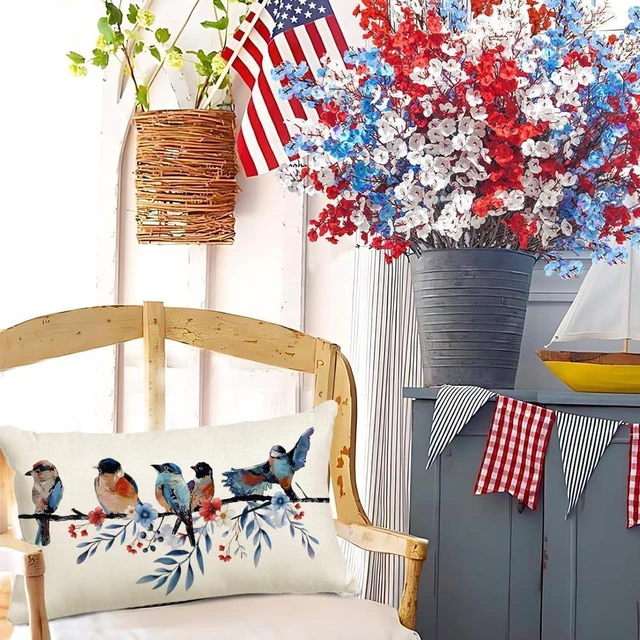 Alt view image 2 of 7 - 4th of July Memorial Day Patriotic Lumbar Throw Pillow Cover,12x20 Inch Red White and Blue Birds Flowers Independence Day American Fourth of July Decoration for Sofa Couch