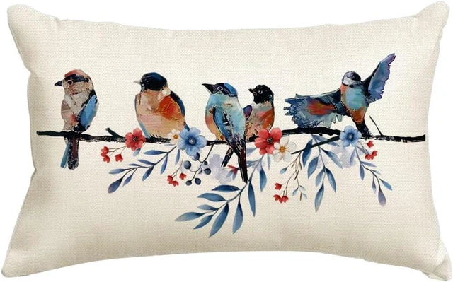Main image of 4th of July Memorial Day Patriotic Lumbar Throw Pillow Cover,12x20 Inch Red White and Blue Birds Flowers Independence Day American Fourth of July Decoration for Sofa Couch