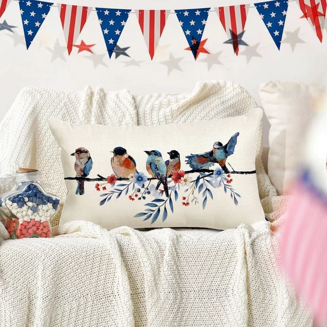 Alt view image 3 of 7 - 4th of July Memorial Day Patriotic Lumbar Throw Pillow Cover,12x20 Inch Red White and Blue Birds Flowers Independence Day American Fourth of July Decoration for Sofa Couch