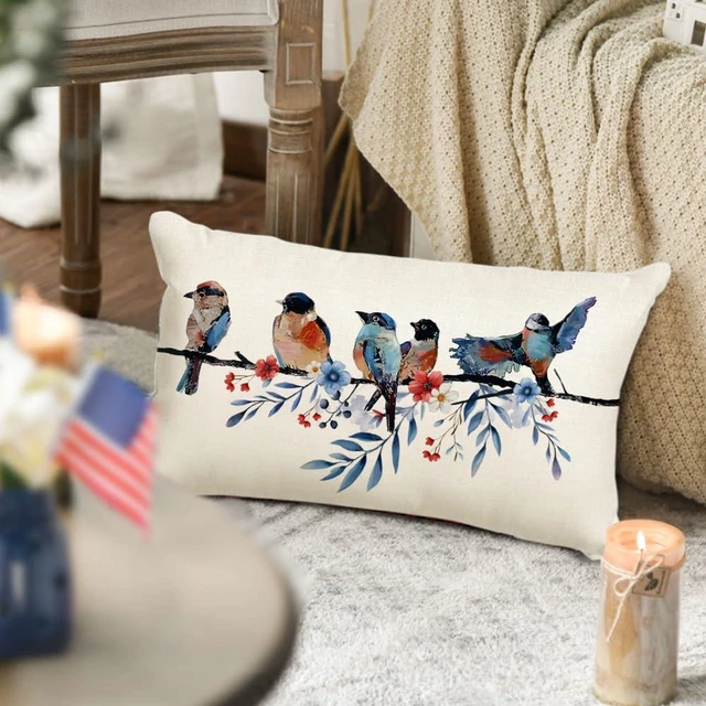 Alt view image 4 of 7 - 4th of July Memorial Day Patriotic Lumbar Throw Pillow Cover,12x20 Inch Red White and Blue Birds Flowers Independence Day American Fourth of July Decoration for Sofa Couch