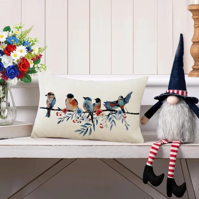 Alt view image 6 of 7 - 4th of July Memorial Day Patriotic Lumbar Throw Pillow Cover,12x20 Inch Red White and Blue Birds Flowers Independence Day American Fourth of July Decoration for Sofa Couch