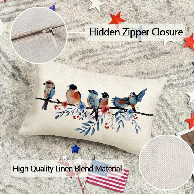 Alt view image 7 of 7 - 4th of July Memorial Day Patriotic Lumbar Throw Pillow Cover,12x20 Inch Red White and Blue Birds Flowers Independence Day American Fourth of July Decoration for Sofa Couch