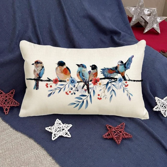 Alt view image 5 of 7 - 4th of July Memorial Day Patriotic Lumbar Throw Pillow Cover,12x20 Inch Red White and Blue Birds Flowers Independence Day American Fourth of July Decoration for Sofa Couch