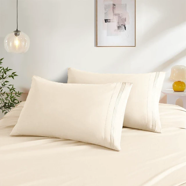 Alt view image 3 of 7 - 2 Pack Standard Pillow Cases Cream-Colored Pillow Covers Microfiber Pillowcases 20"X 26" Standard Size Soft Breathable Luxury Pillow Covers Embroidered Envelope Closure Bed Pillow Shams