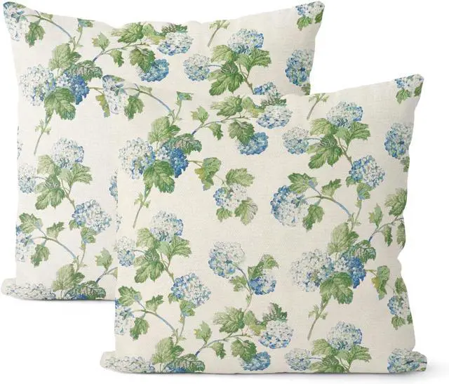 Main image of Blue Green Floral Pillow Covers 20x20 Inch 2 Pcs Vintage Flower Decor Throw Pillows Hydrangea Seasonal Spring Summer Outdoor Farmhouse Decoration Pillowcase Linen Cushion Cover for Couch Sofa Bed