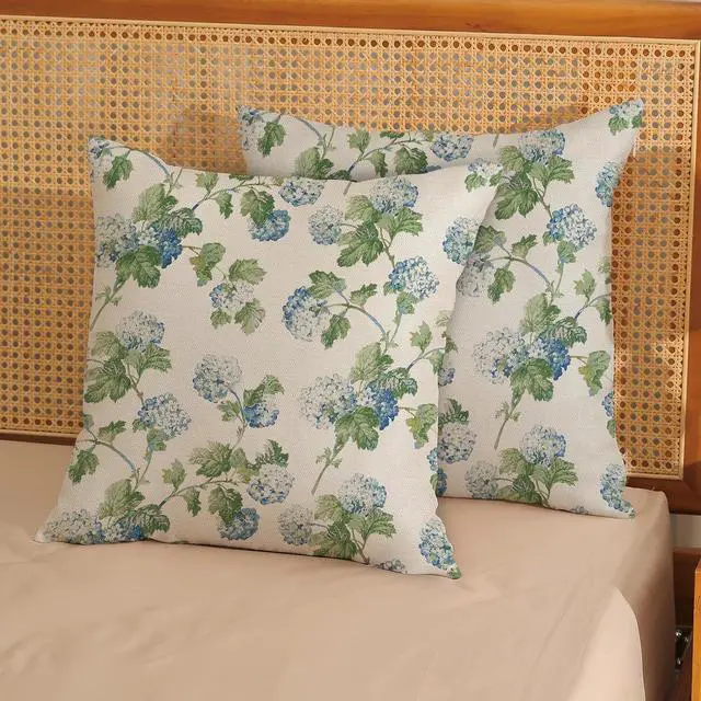 Alt view image 2 of 7 - Blue Green Floral Pillow Covers 20x20 Inch 2 Pcs Vintage Flower Decor Throw Pillows Hydrangea Seasonal Spring Summer Outdoor Farmhouse Decoration Pillowcase Linen Cushion Cover for Couch Sofa Bed
