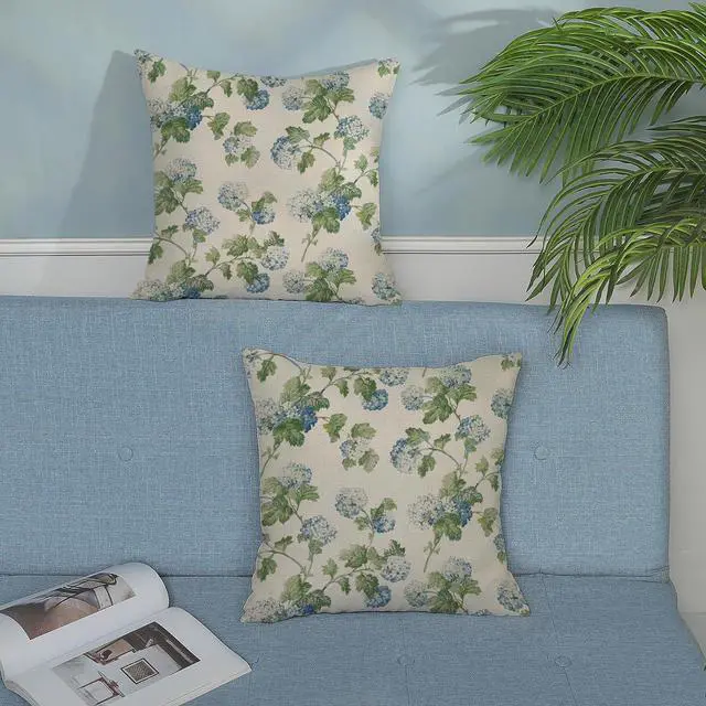Alt view image 3 of 7 - Blue Green Floral Pillow Covers 20x20 Inch 2 Pcs Vintage Flower Decor Throw Pillows Hydrangea Seasonal Spring Summer Outdoor Farmhouse Decoration Pillowcase Linen Cushion Cover for Couch Sofa Bed