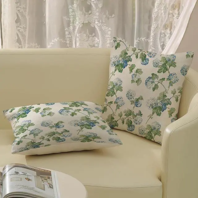 Alt view image 4 of 7 - Blue Green Floral Pillow Covers 20x20 Inch 2 Pcs Vintage Flower Decor Throw Pillows Hydrangea Seasonal Spring Summer Outdoor Farmhouse Decoration Pillowcase Linen Cushion Cover for Couch Sofa Bed