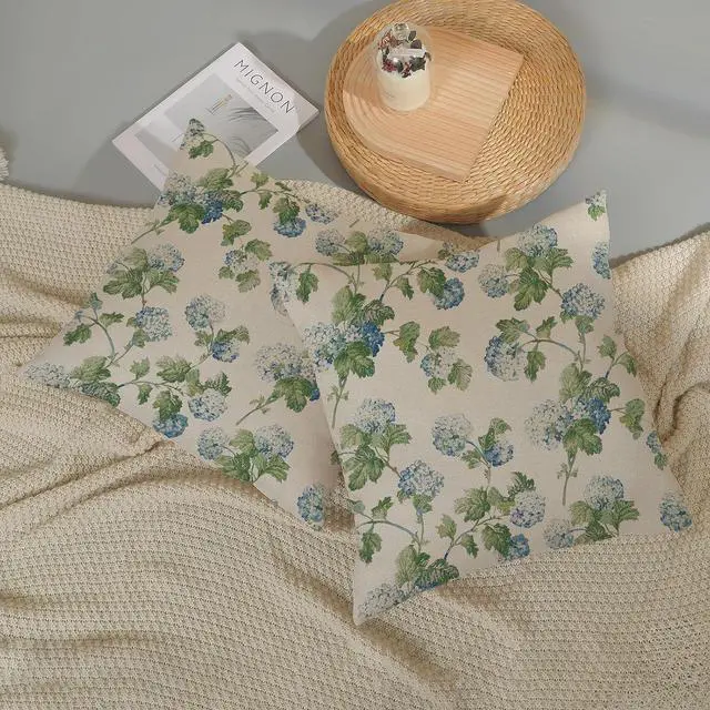 Alt view image 5 of 7 - Blue Green Floral Pillow Covers 20x20 Inch 2 Pcs Vintage Flower Decor Throw Pillows Hydrangea Seasonal Spring Summer Outdoor Farmhouse Decoration Pillowcase Linen Cushion Cover for Couch Sofa Bed