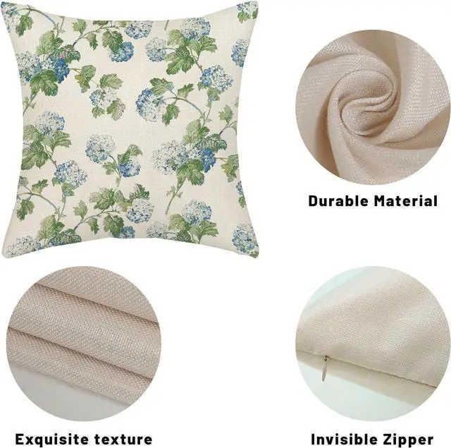Alt view image 7 of 7 - Blue Green Floral Pillow Covers 20x20 Inch 2 Pcs Vintage Flower Decor Throw Pillows Hydrangea Seasonal Spring Summer Outdoor Farmhouse Decoration Pillowcase Linen Cushion Cover for Couch Sofa Bed