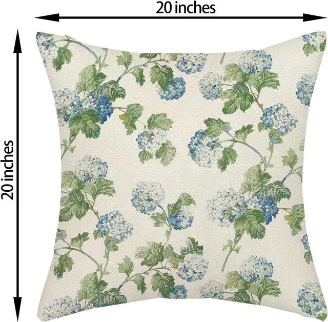 Alt view image 6 of 7 - Blue Green Floral Pillow Covers 20x20 Inch 2 Pcs Vintage Flower Decor Throw Pillows Hydrangea Seasonal Spring Summer Outdoor Farmhouse Decoration Pillowcase Linen Cushion Cover for Couch Sofa Bed