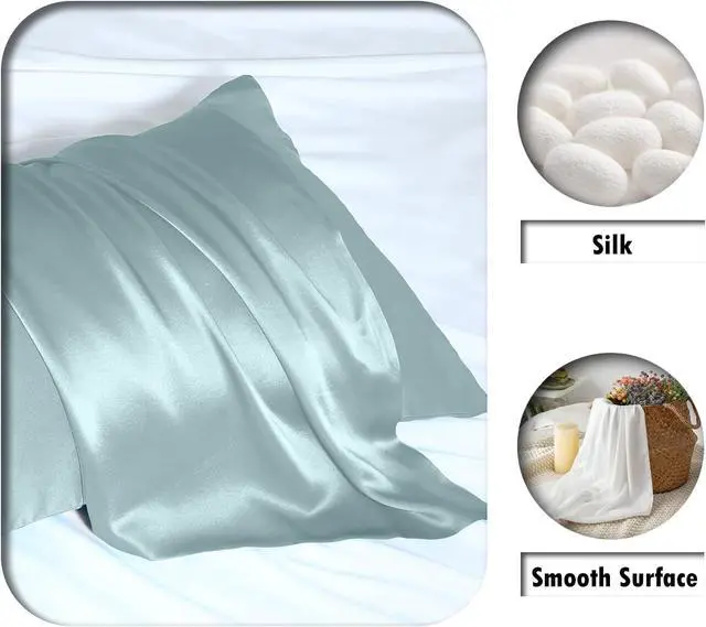 Alt view image 2 of 6 - Mulberry Silk Pillowcase for Hair and Skin Standard Size 20"X 26" Pillow Case with Hidden Zipper Soft Breathable Smooth Cooling Silk Pillow Covers for Sleeping (Haze Blue,Standard,1Pcs)