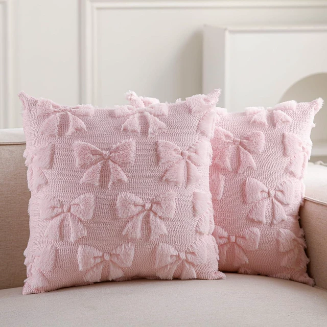 Main image of Bow Pillow Covers Set of 2 Preppy Room Decor, 16"x16", Pink