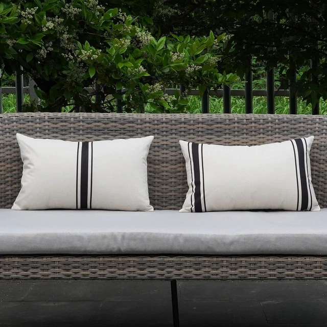 Alt view image 6 of 6 - Outdoor Pillow Covers Waterproof 12X20 Set of 2 Lumbar Throw Pillow Cover Beige and Black Striped Outdoor Pillows for Patio Furniture