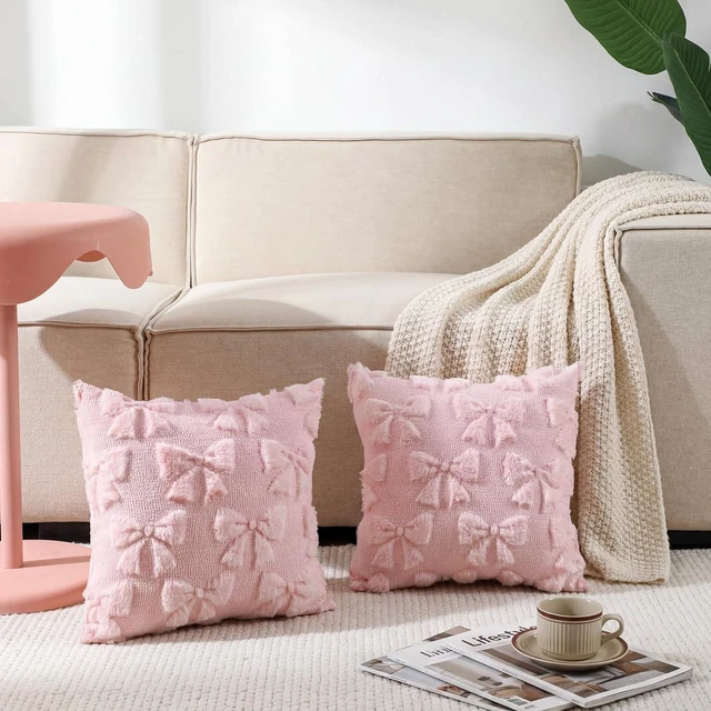 Alt view image 5 of 6 - Bow Pillow Covers Set of 2 Preppy Room Decor, 16"x16", Pink