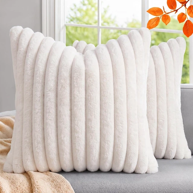 Alt view image 2 of 7 - Pack of 2 Throw Pillow Covers 18x18 Decorative Solid Plush Faux Fur with Soft Velvet Back, Square Striped Cushion Cases Modern Farmhouse Home Decor for Living Room Couch Sofa Bed Cream White