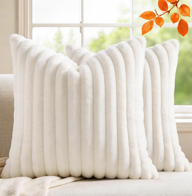 Main image of Pack of 2 Throw Pillow Covers 18x18 Decorative Solid Plush Faux Fur with Soft Velvet Back, Square Striped Cushion Cases Modern Farmhouse Home Decor for Living Room Couch Sofa Bed Cream White