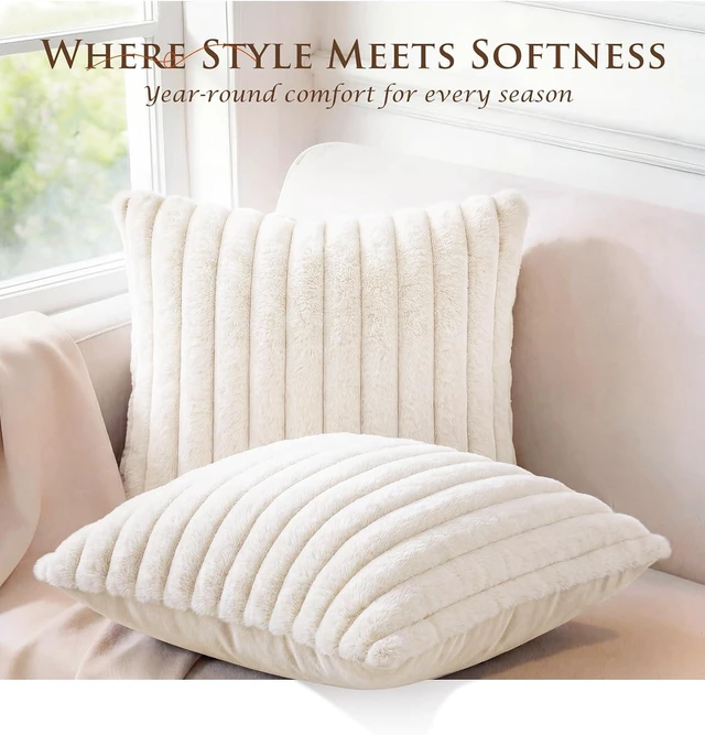 Alt view image 6 of 7 - Pack of 2 Throw Pillow Covers 18x18 Decorative Solid Plush Faux Fur with Soft Velvet Back, Square Striped Cushion Cases Modern Farmhouse Home Decor for Living Room Couch Sofa Bed Cream White