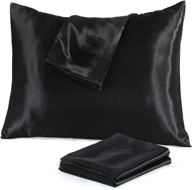 Main image of Niagara Black Satin Standard Pillow Cases Protectors 4 Pack with Zip Luxury 20x26inches 100% Satin Hair and Skin Care Zippered Pillow Covers Ultra-Soft