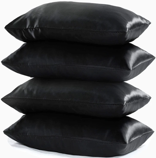 Alt view image 2 of 2 - Niagara Black Satin Standard Pillow Cases Protectors 4 Pack with Zip Luxury 20x26inches 100% Satin Hair and Skin Care Zippered Pillow Covers Ultra-Soft