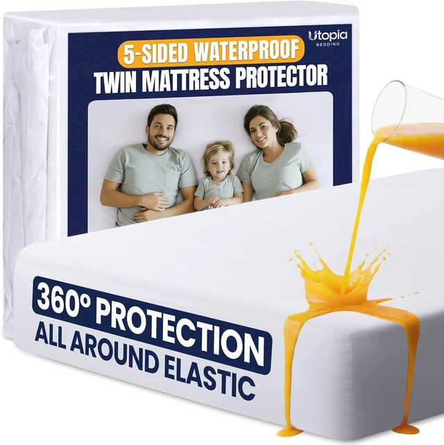Main image of Waterproof 5-Sided Mattress Protector Twin Size, Premium Breathable Mattress Cover, Fitted Style with Stretchable Pockets (White)