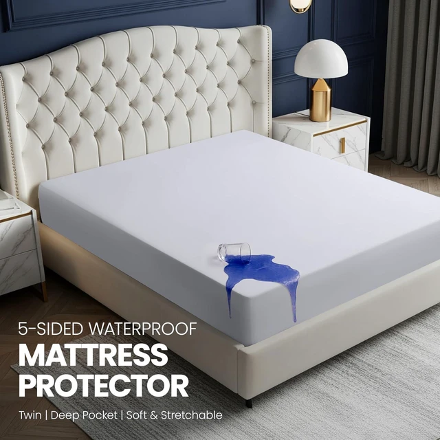 Alt view image 2 of 7 - Waterproof 5-Sided Mattress Protector Twin Size, Premium Breathable Mattress Cover, Fitted Style with Stretchable Pockets (White)