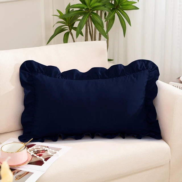 Main image of Navy Blue Ruffle Lumbar Pillow Cover 12x20 Inch, Ruffled Cushion Case Covers for Couch Sofa Bed Living Room, Decorative Farmhouse Throw Pillow Cover, Pack of 1