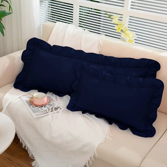 Alt view image 2 of 6 - Navy Blue Ruffle Lumbar Pillow Cover 12x20 Inch, Ruffled Cushion Case Covers for Couch Sofa Bed Living Room, Decorative Farmhouse Throw Pillow Cover, Pack of 1