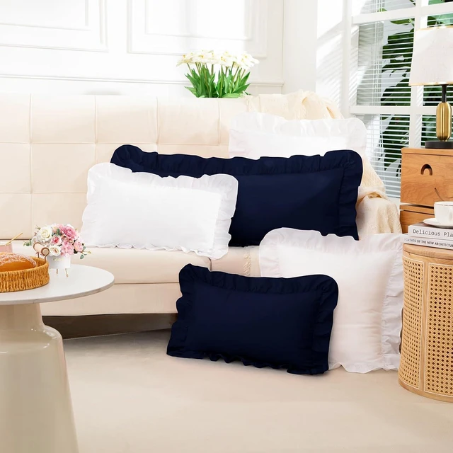 Alt view image 3 of 6 - Navy Blue Ruffle Lumbar Pillow Cover 12x20 Inch, Ruffled Cushion Case Covers for Couch Sofa Bed Living Room, Decorative Farmhouse Throw Pillow Cover, Pack of 1