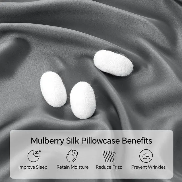 Alt view image 2 of 7 - Mulberry Silk Pillowcase for Hair and Skin, Silk Pillow Cases Standard Size with Hidden Zipper 20x26 Inches, Smooth and Soft Cooling Pillow Cases for Hot Sleepers(Dark Grey, 1 Pack)