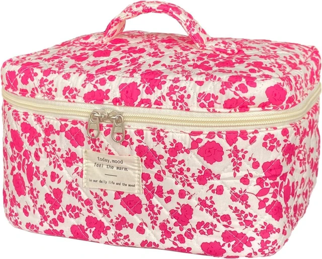 Main image of Rose Red Large Quilted Floral Makeup Bag Cute Soft Coquette Aesthetic Cosmetic Bag Cotton Travel Toiletry Bag for Women