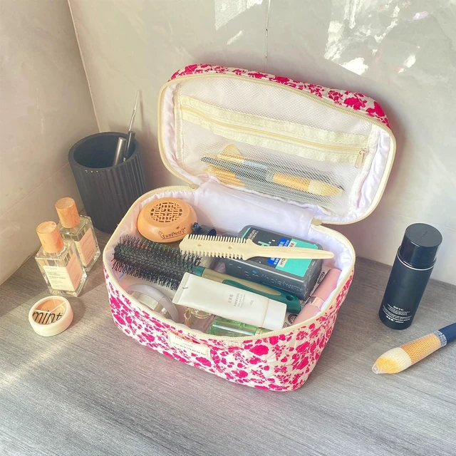 Alt view image 2 of 6 - Rose Red Large Quilted Floral Makeup Bag Cute Soft Coquette Aesthetic Cosmetic Bag Cotton Travel Toiletry Bag for Women