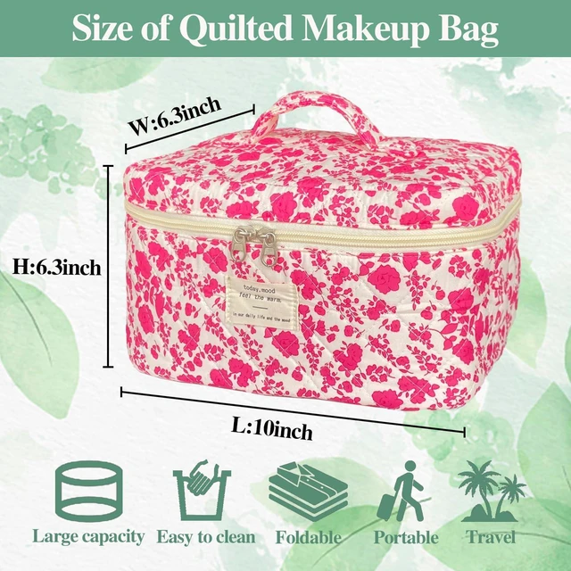Alt view image 3 of 6 - Rose Red Large Quilted Floral Makeup Bag Cute Soft Coquette Aesthetic Cosmetic Bag Cotton Travel Toiletry Bag for Women