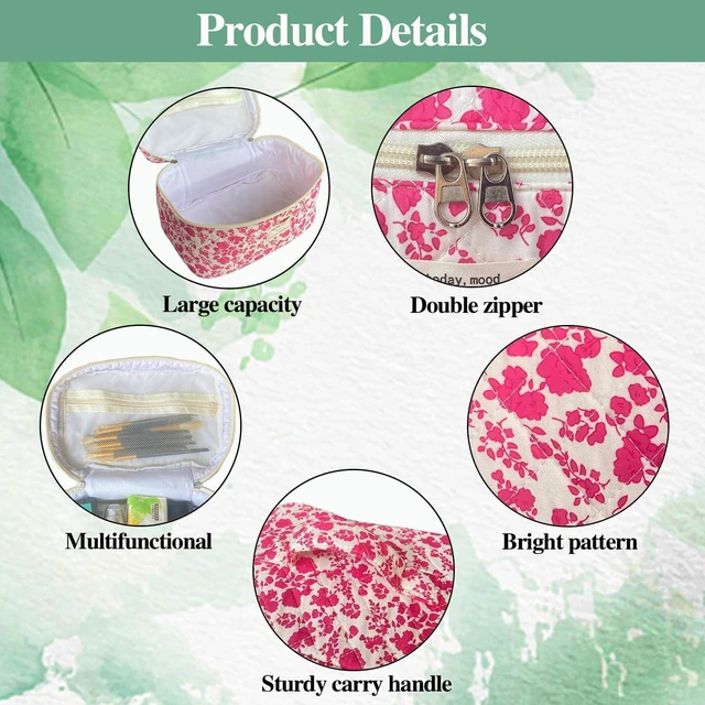 Alt view image 4 of 6 - Rose Red Large Quilted Floral Makeup Bag Cute Soft Coquette Aesthetic Cosmetic Bag Cotton Travel Toiletry Bag for Women
