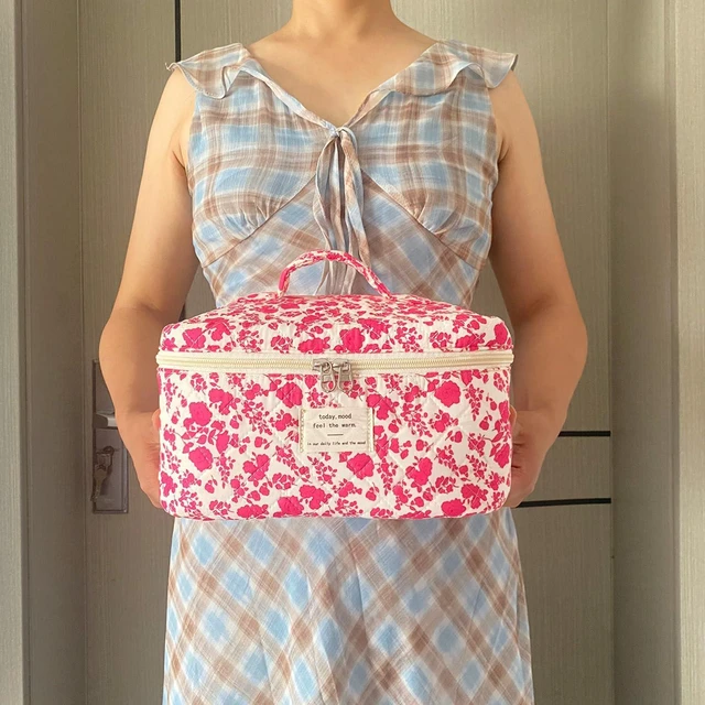 Alt view image 5 of 6 - Rose Red Large Quilted Floral Makeup Bag Cute Soft Coquette Aesthetic Cosmetic Bag Cotton Travel Toiletry Bag for Women
