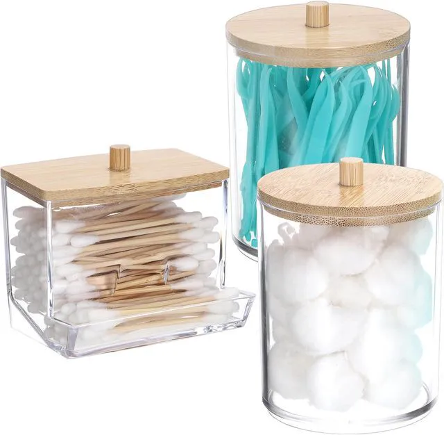 Main image of 3 Pack Acrylic Bathroom Apothecary Jar Clear Qtip Holder Dispenser with Lid Plastic Canister Set Bathroom Accessories Storage Organizer for Cotton Round Floss Picks