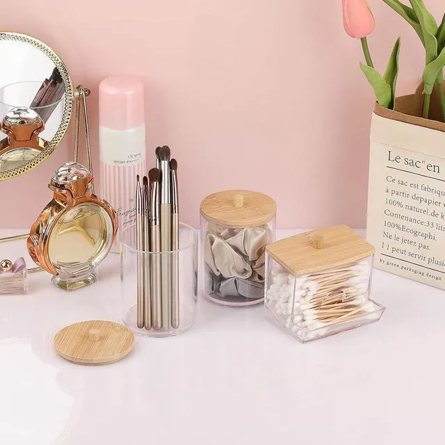 Alt view image 2 of 7 - 3 Pack Acrylic Bathroom Apothecary Jar Clear Qtip Holder Dispenser with Lid Plastic Canister Set Bathroom Accessories Storage Organizer for Cotton Round Floss Picks
