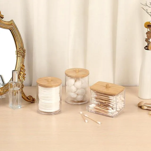 Alt view image 7 of 7 - 3 Pack Acrylic Bathroom Apothecary Jar Clear Qtip Holder Dispenser with Lid Plastic Canister Set Bathroom Accessories Storage Organizer for Cotton Round Floss Picks